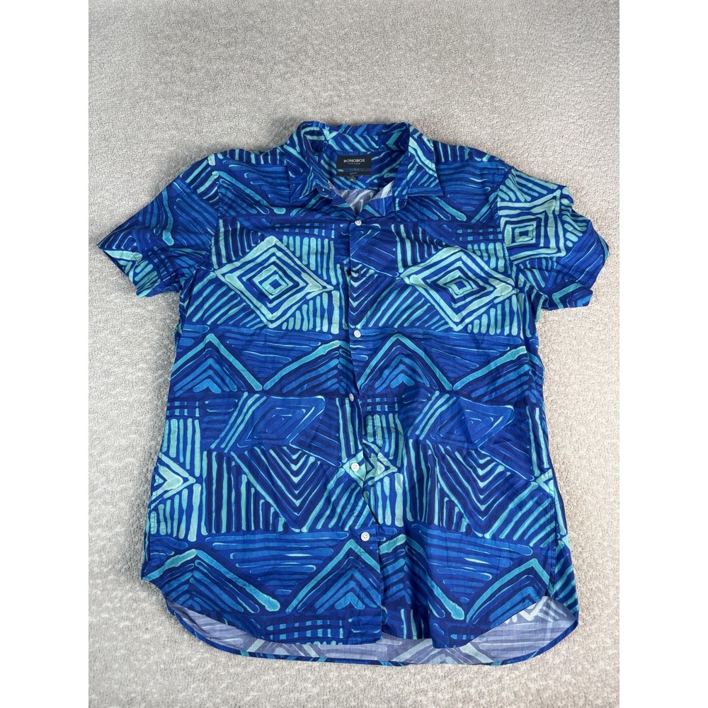 Bonobos Shirt Mens XL Blue Geometric Short‎ Sleeve Button Up Slim Fit Casual